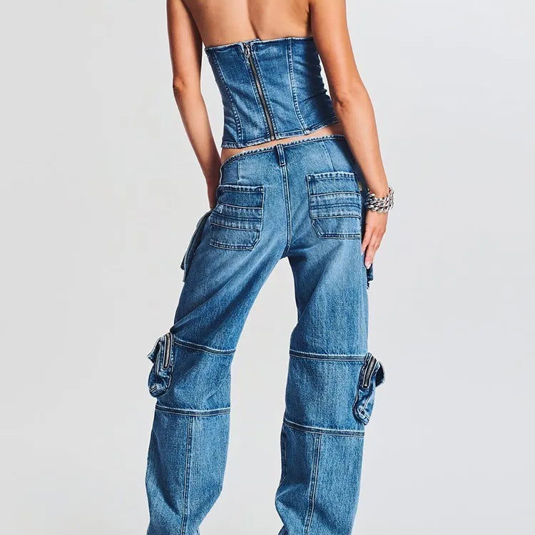 Denim Vintage Two Piece Sets For Women Strapless Sleeveless Tops High Waist Spliced Pockets Pant Casual Set Female