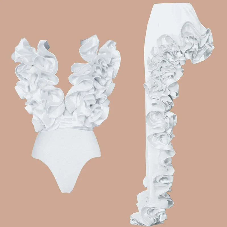 CM.YAYA Women Sets Streetwear 2 Two-piece Suits Sexy Beach Holiday Ruffles Asymmetrical V-neck Bodysuit+Long Skirts Bikinis Sets
