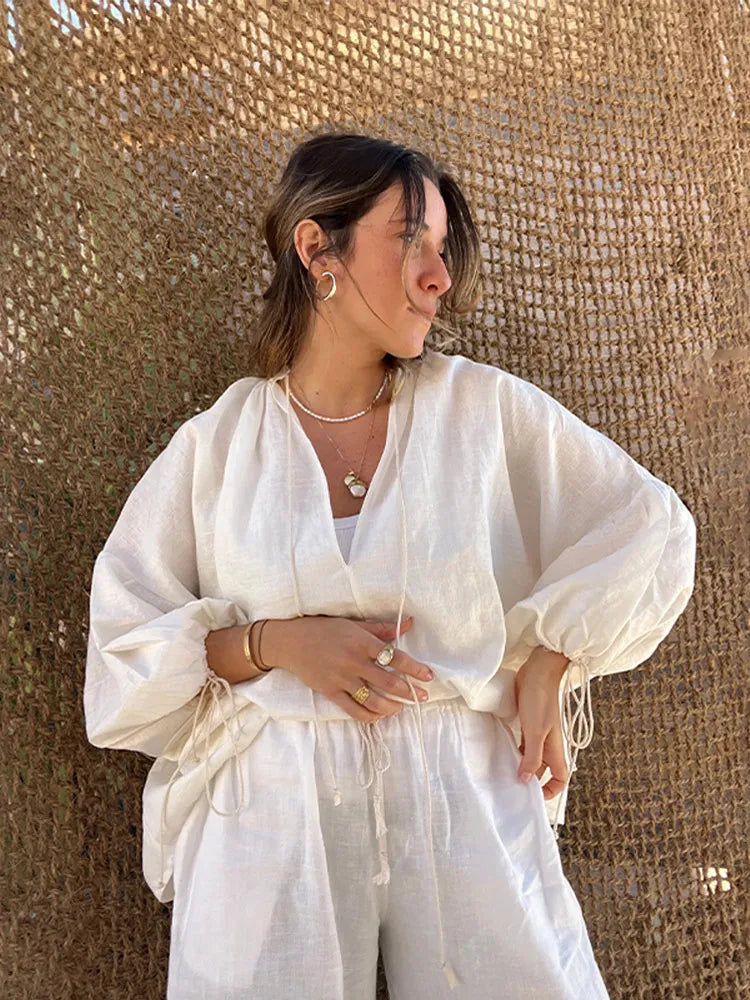 fashion summer cotton linen loose ruffle shorts suits women long sleeve drawstring pullover 2 pieces set casual beach suits