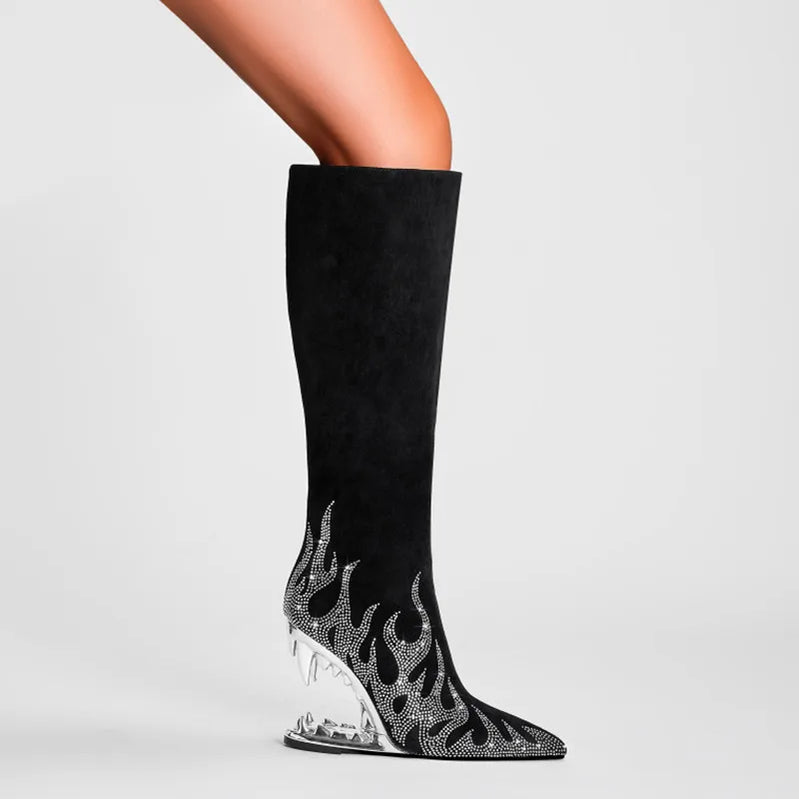 Women's Autumn and Winter New Water Diamond Knee Long Boots Pointed Side Zipper Tiger Teeth High Heels Banquet Party Boots