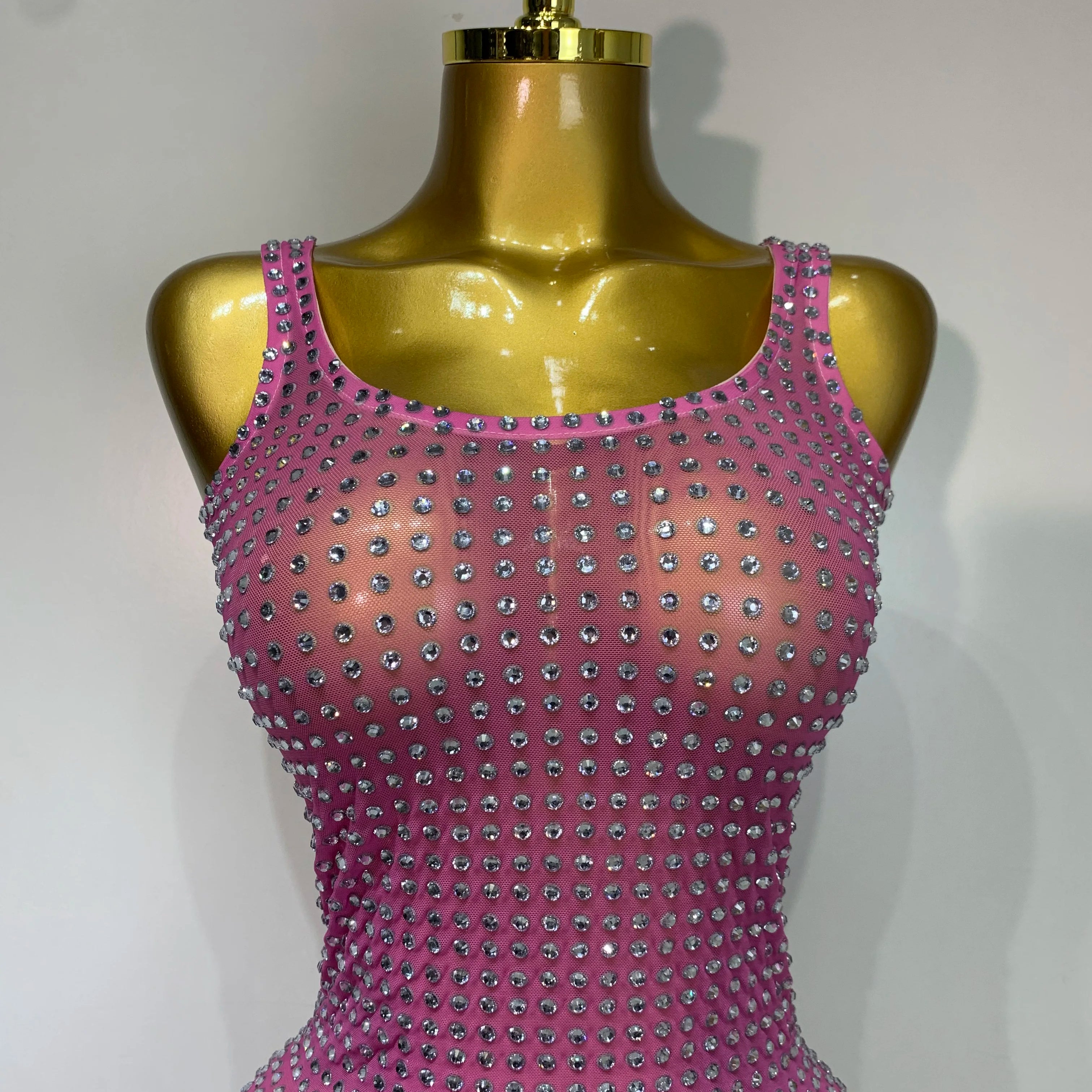 Women Sexy Mesh See Through Rhinestone Pink Long Maxi Dress Birthday Evening Party Costume Singer Stage Performance Costume