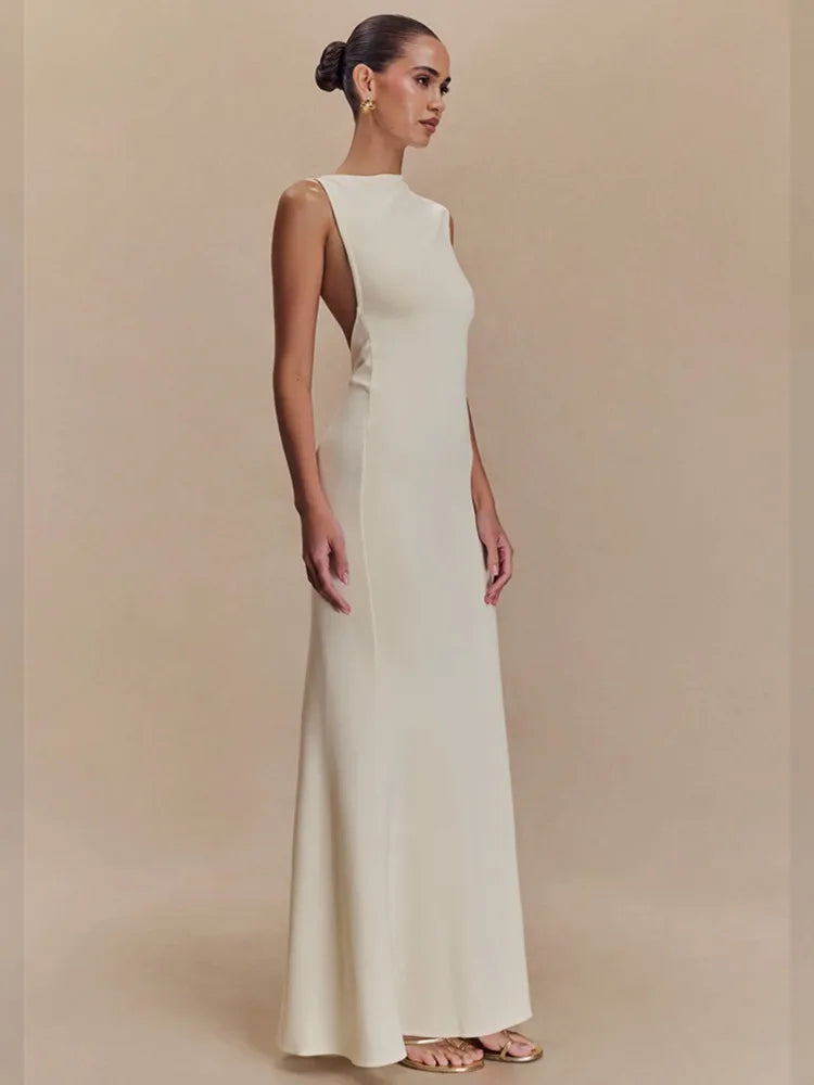 Ladies Women Sexy O Neck Tank Beige Black Maxi Long Celebrity Bodycon Bandage Dress 2025 Elegant Evening Club Party Dress