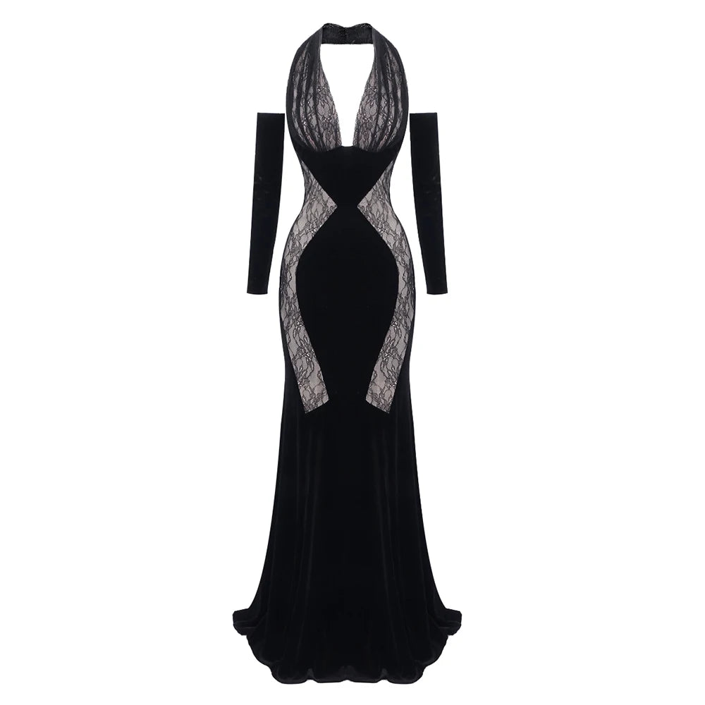 VC Black Mesh Patchwork Halter Long Dress For Women Long Sleeves Lace Embroidery Mermaid Bodycon Party Evening Gown