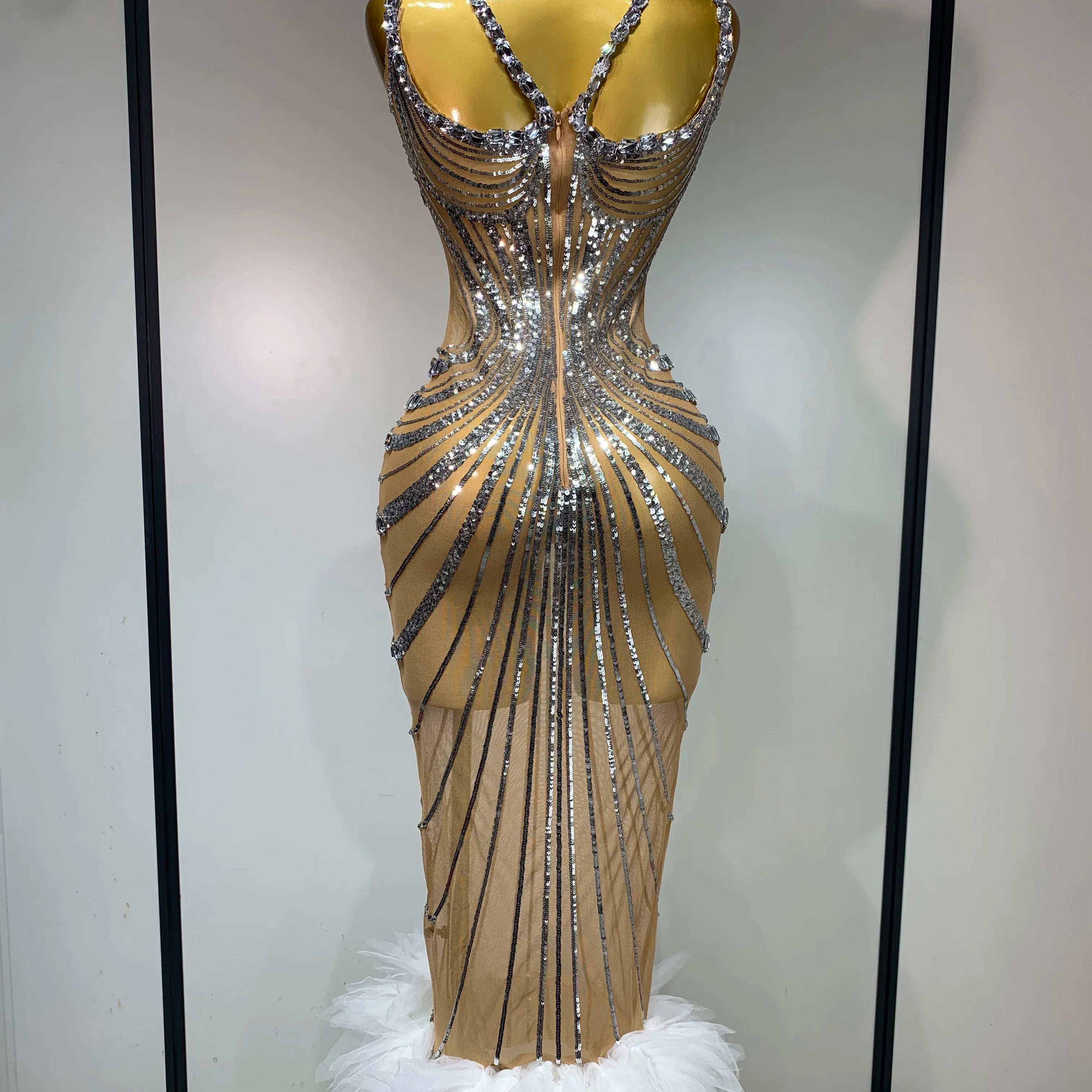 2025 Luxury Sexy Silver Rhinestone White Mesh See Through Long Dress Women Birthday Party Prom Gown Singer Nightclub Outfit