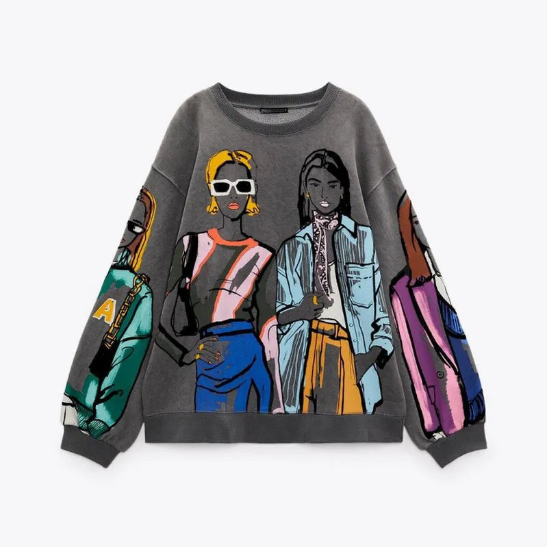 Cartoon Contrast Printed Sweatshirts Women Loose O-neck Long Sleeve Pullovers Female Autumn Fashion Casual Ladies Top print 3