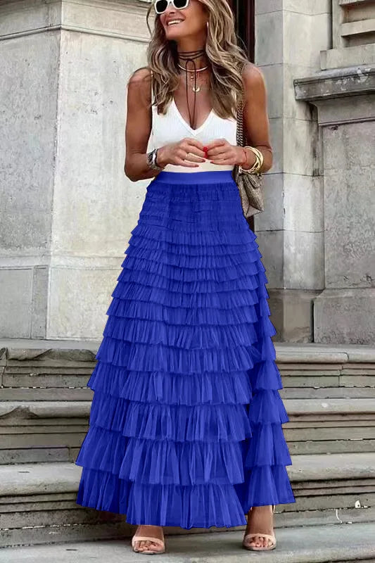 Casual Womens Solid Ball Gown Long Skirt Tulle High Waist Pleated Tutu Skirt Elegant Ladies Wild Mesh Dating Maxi Skirts Drop Blue