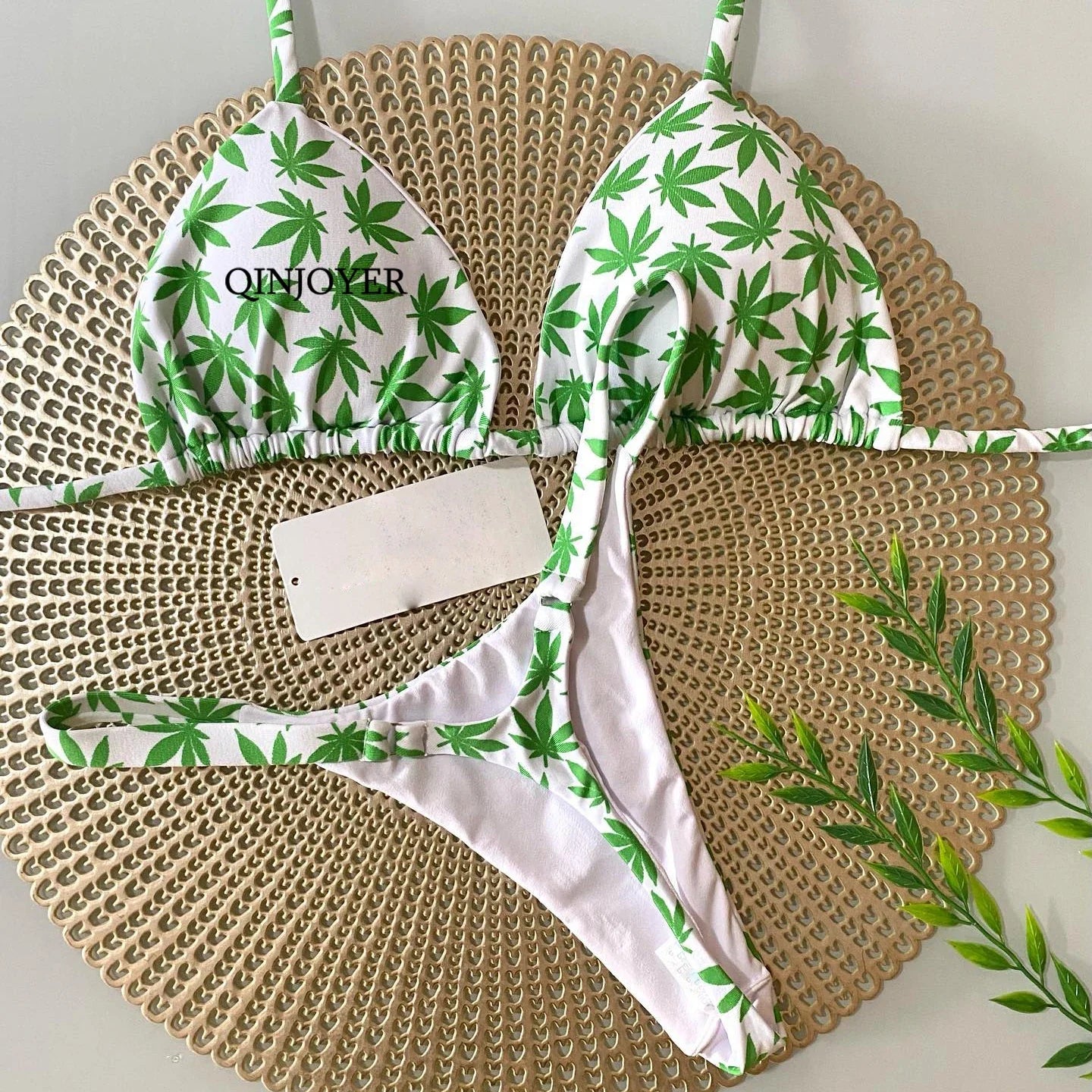 QINJOYER Pink Swimwear Women Brazilian Bikini Cute Heart Print Swimsuit Sexy Thong Bikini Set 2023 Bathing Suit Women Beachwear Green Maple Leaf