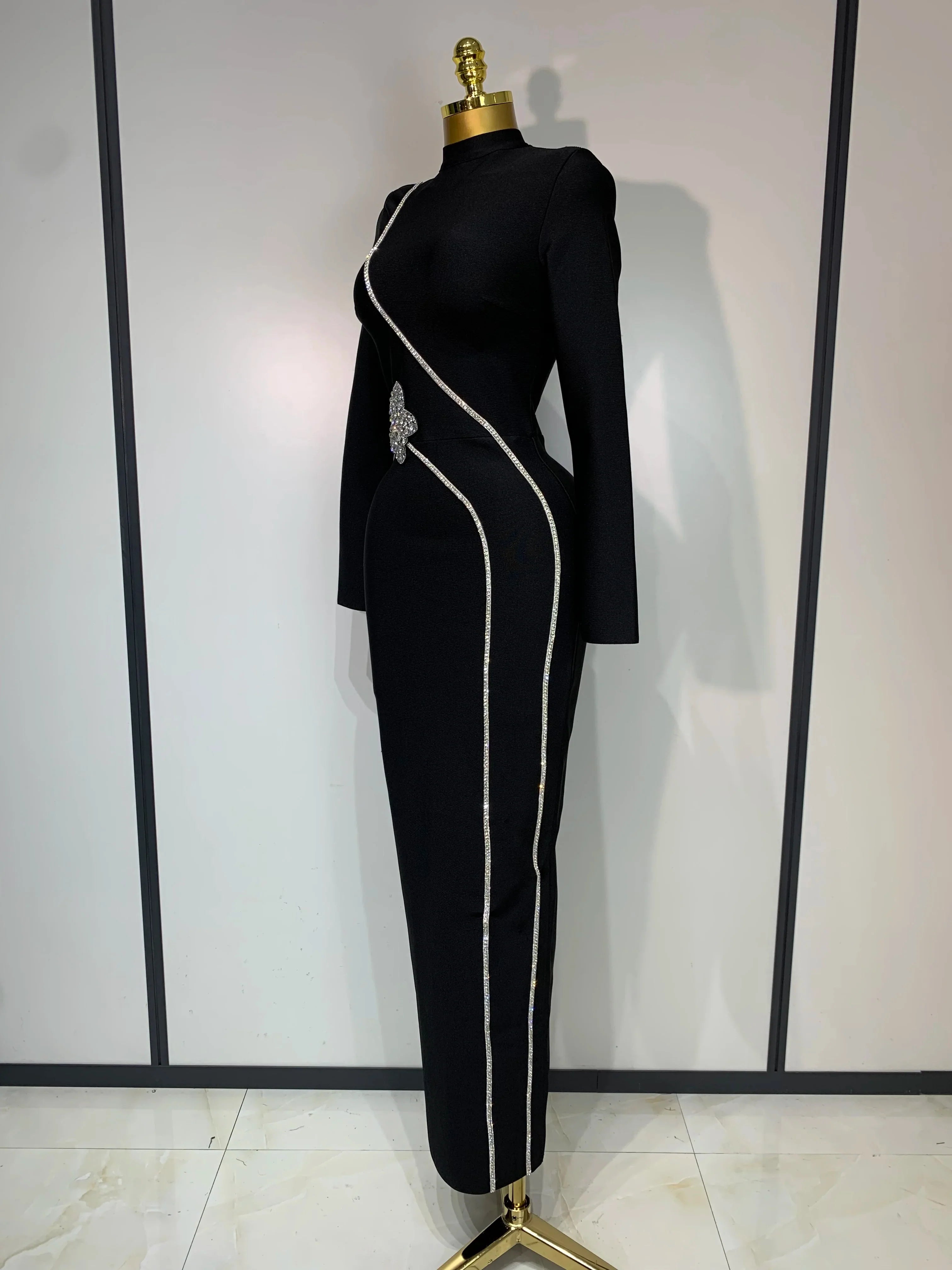 est Fashion Designer Party Dress Women's Formal Long Sleeve Diamonds Bodycon Bandage Dress Elegant Luxury Birthday Gown