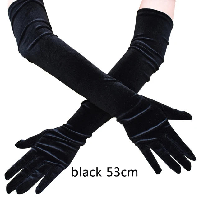 53CM Women Golden Velvet Long Autumn Winter Warm Black Evening Dress Etiquette Gloves Retro Style Banquet Accessories Elasticity black 53cm One Size