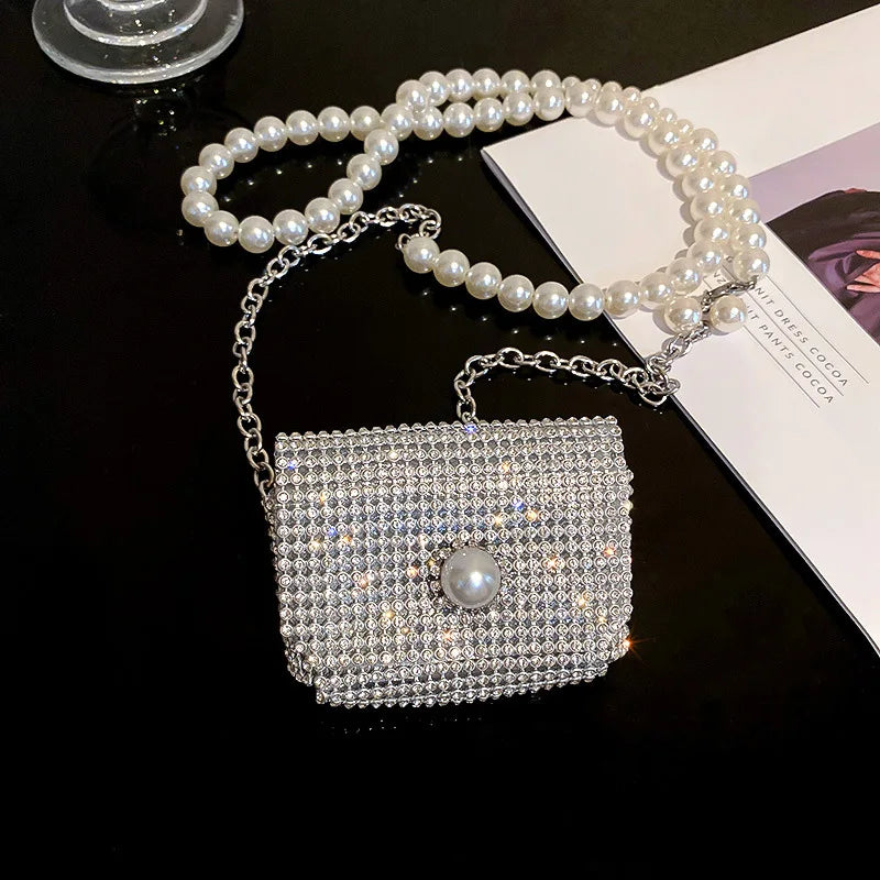 Fashion Rhinestones Pearl Chain Belt Cute Mini Bags for Women Quality Long Tassel Belt Bag Shoulder Messenger Bag