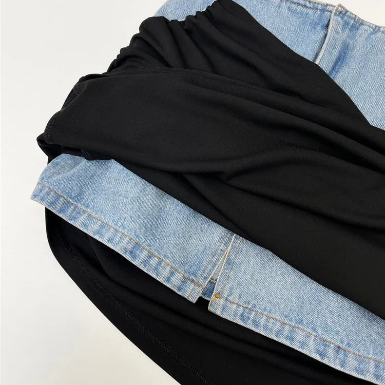 Women Designer Bodycon Maxi Skirt Colorblock Spliced High Waist Stretch Ruched Casual Long Pencil Skirt