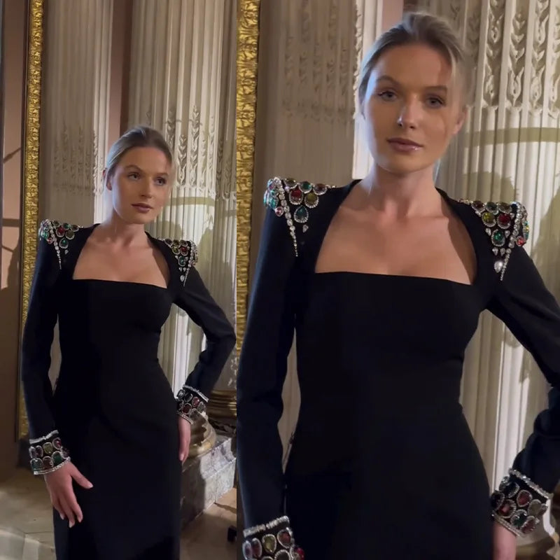 Luxury Colorful Diamonds Sexy Square Collar Black Bandage Dress  Fashion Woman Evening dress Celebrity Cocktail Party Outfit