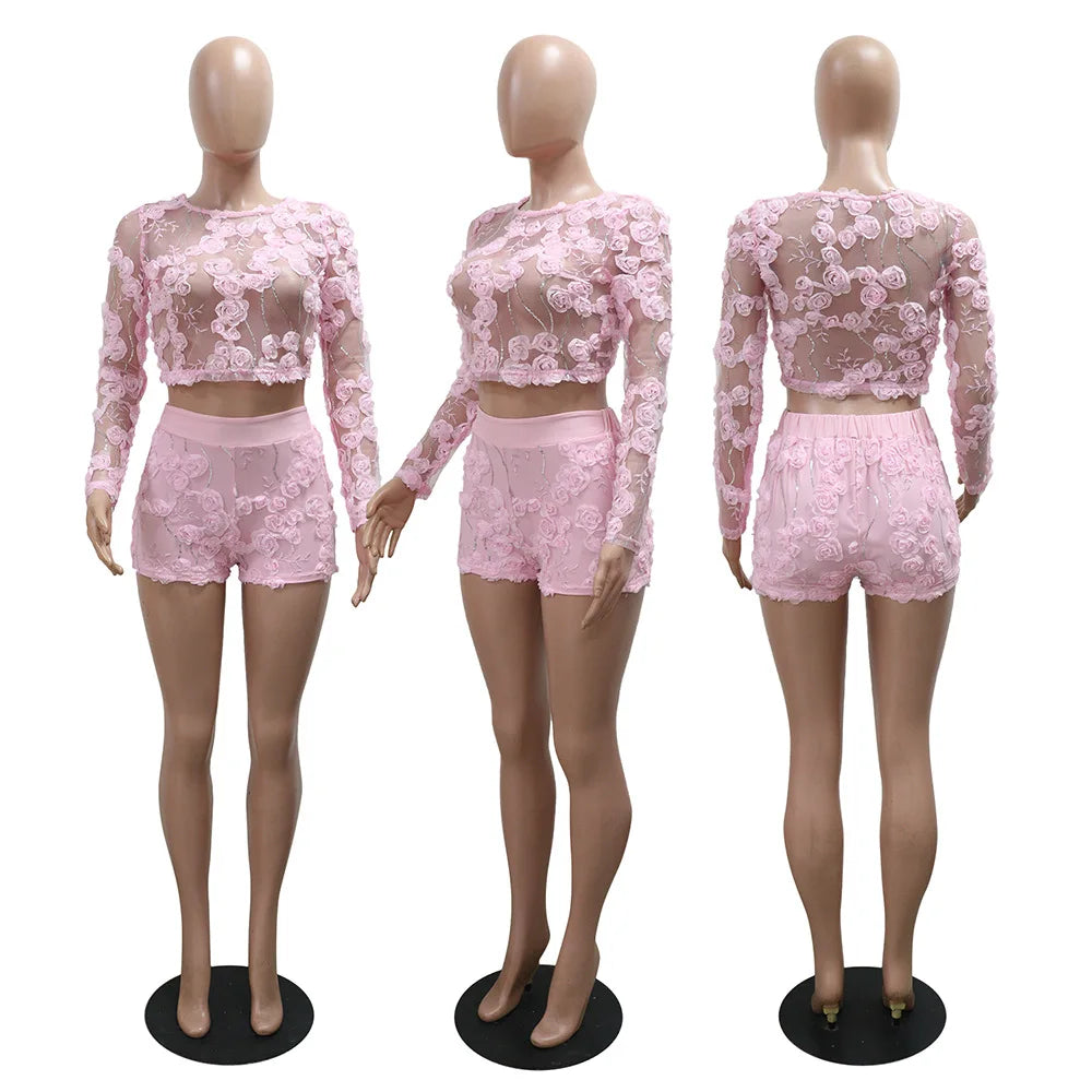 CM.YAYA 3D Flower Women's Set Mesh See Through Long Sleeve Top and Shorts Suits 2025 Sweet Party Girl Two 2 Piece Sets Outfits