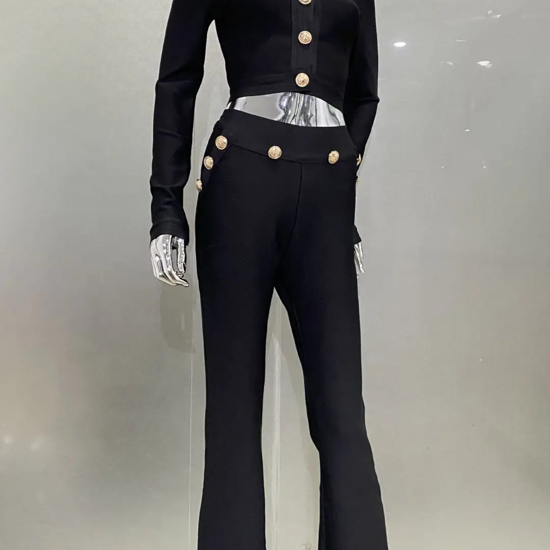 High Quality Bandage Expose Waist Woman Set Fashion Golden Buttons Short Coat Top And Flare Pants 2 Pieces High Street Wear