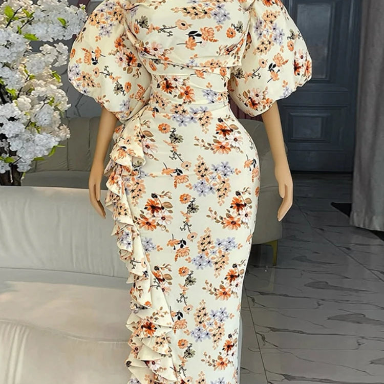 CM.YAYA Women Lantern Half Sleeve Ruffles Side Floral Print Side Split Long Maxi Dress 2025 Evening Sexy Party Dresses Vestidos