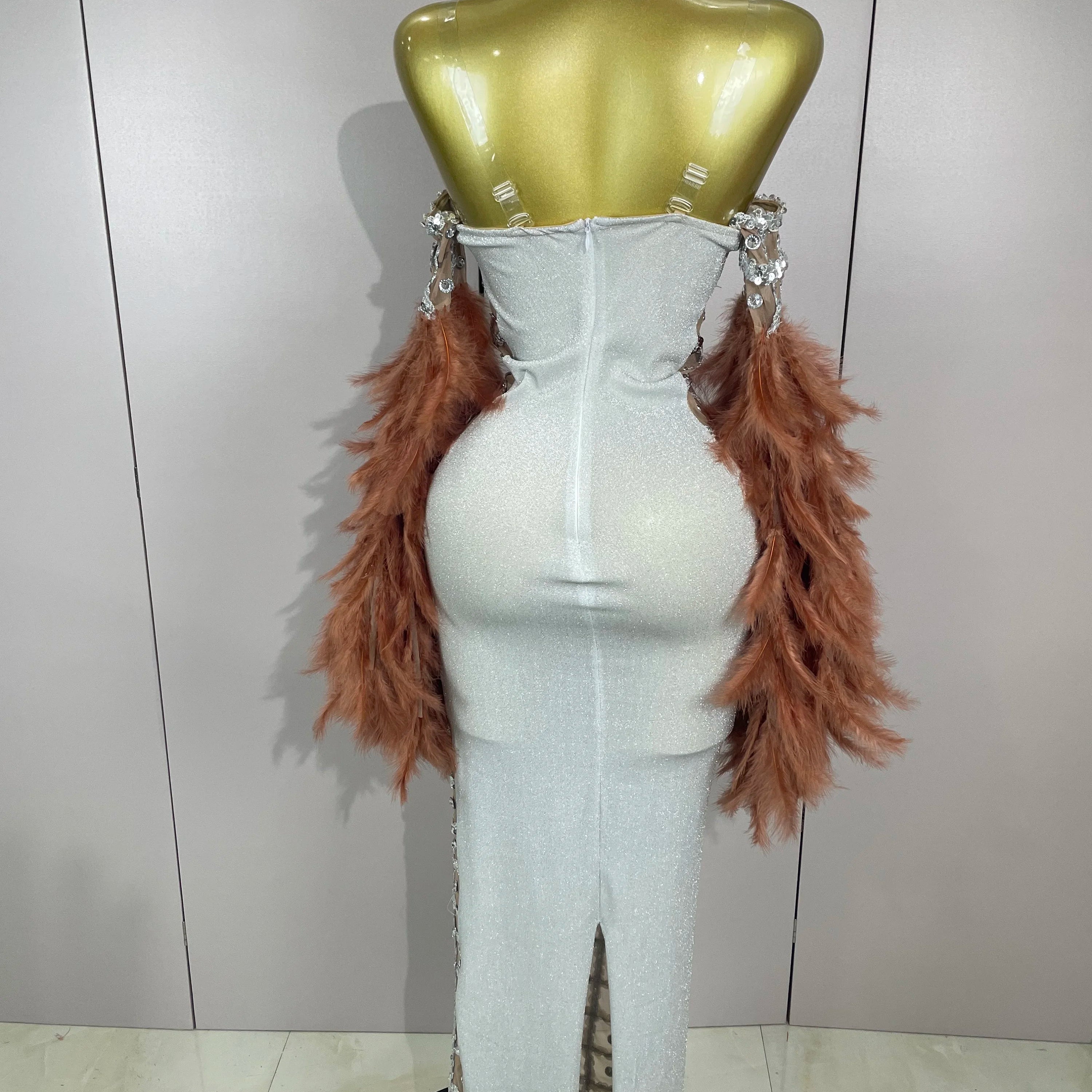 Luxury Sparkling Diamond Feather Mesh Tight Sexy Mesh Long Dress 2025 Women Birthday Party Nightclub Stage Performance Costume