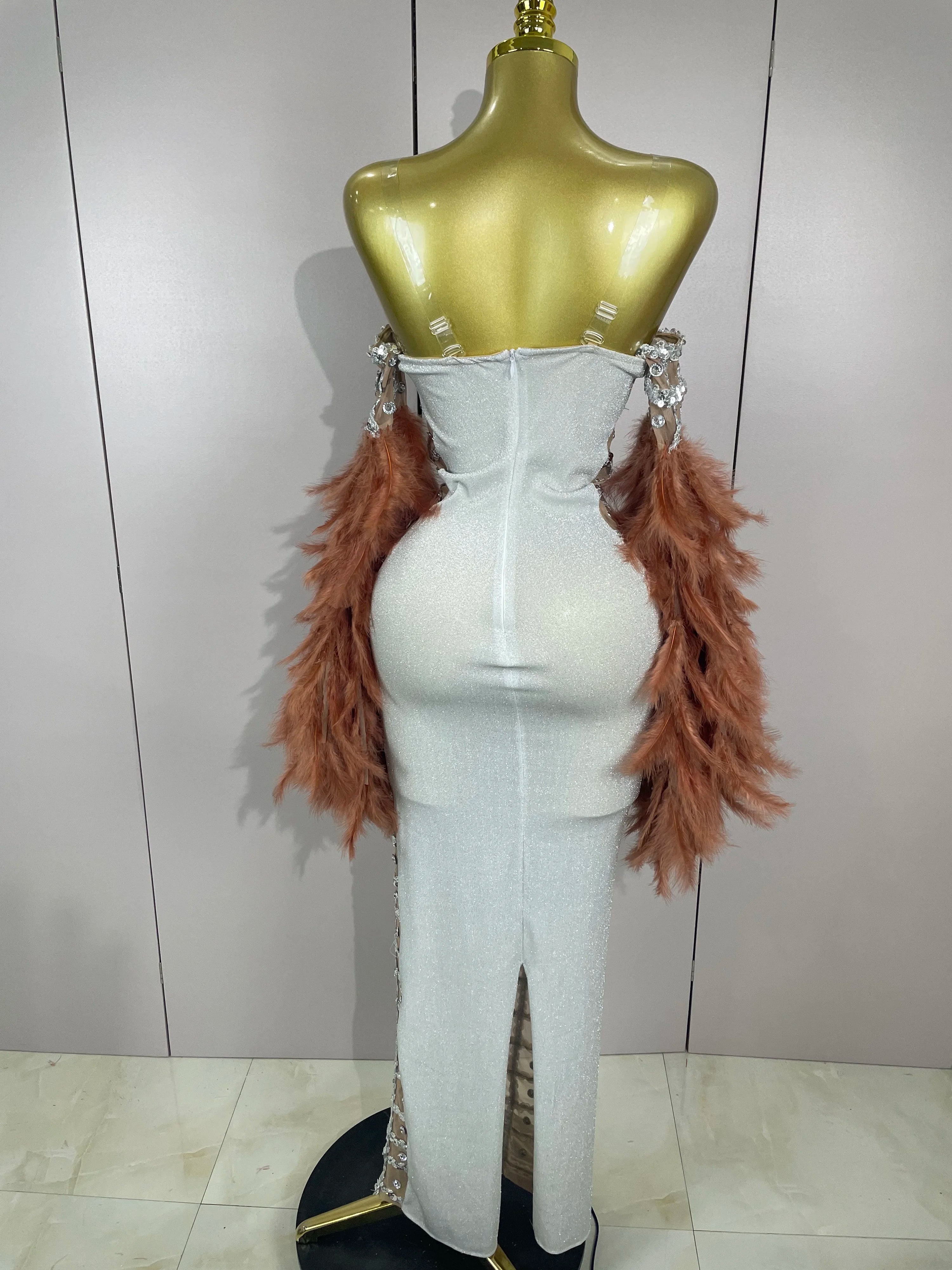 Luxury Sparkling Diamond Feather Mesh Tight Sexy Mesh Long Dress 2025 Women Birthday Party Nightclub Stage Performance Costume