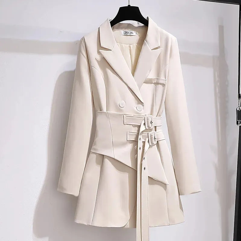 Women Blazer Autumn Women Clothing Belt Coats Long Sleeve Jacket Women Irregular Suit Dress for Women OL Solid Blazer Femme Apricot