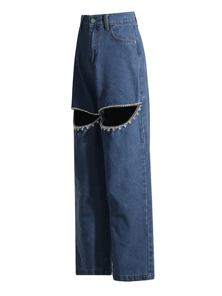 BPN Casual Spliced Diamond Jeans For Women High Waist Hollow Out Solid Loose Wide Leg Denim Pants Female spring Clothing Style