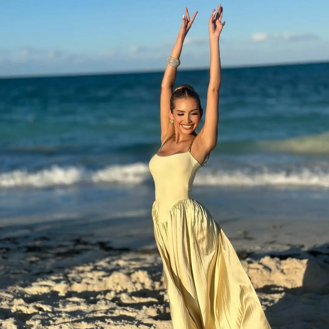 Yellow Women Sleeveless Sexy Strap Square Collar Long Bandage Maxi Dress Beach Style Celebrate Birthday Vacation Party Dress