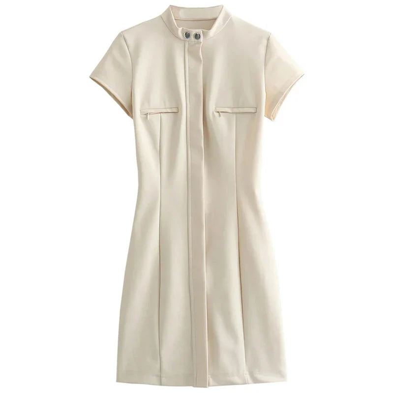 TRAF Midi Dress Womens Dresses Spring Summer O-Neck Short Sleeves Dresses New In Dress Party Dresses Women Elegant Luxury Beige