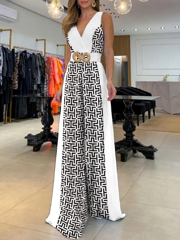 2023 Set of One Fashion Pieces for Women Outfits Geometric Print Wide Leg Jumpsuit Without Belt Casual Ropa Mujer Free Shipping Sky blue