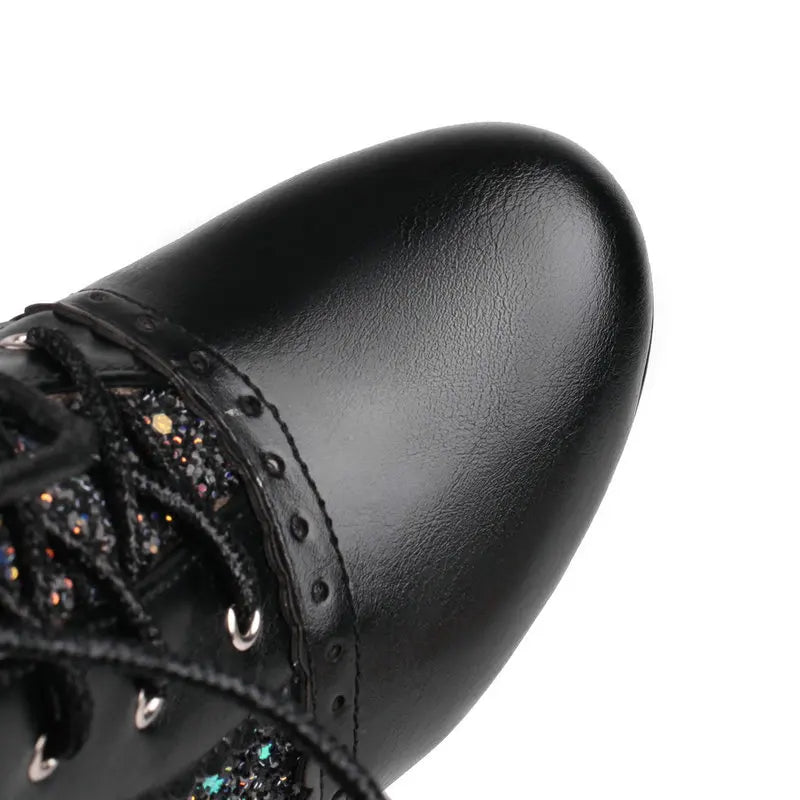 Women Ankle Boots Gold Silver Red Platform Shoes Elegant Studded Sequin Lace Up Autumn Winter Comfy Stable Chunky High Heels