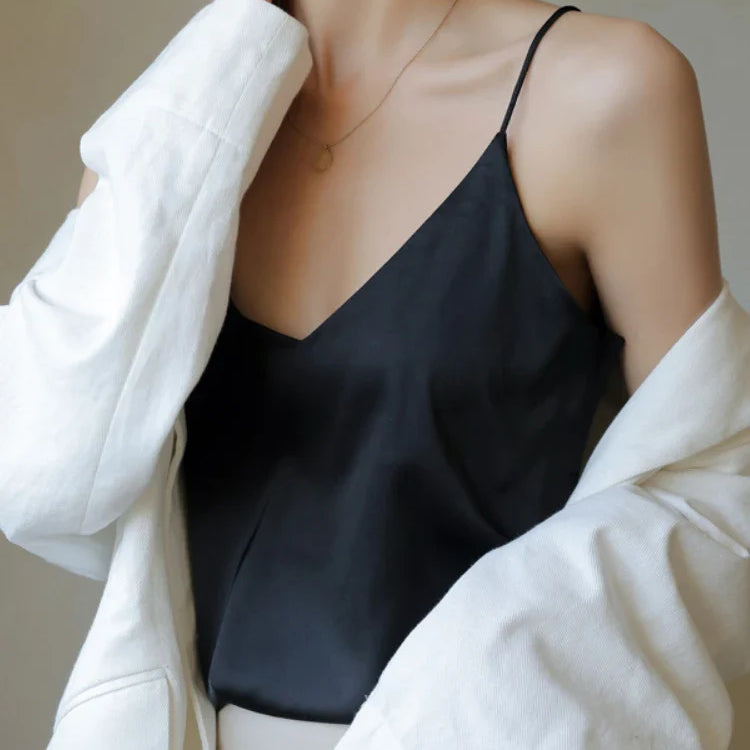 Grey Camisoles for Women Acetate SATIN Loose Summer Spaghetti Strap Tank Top Solid V-neck Fashion Sexy Backless Tanks & Camis Black