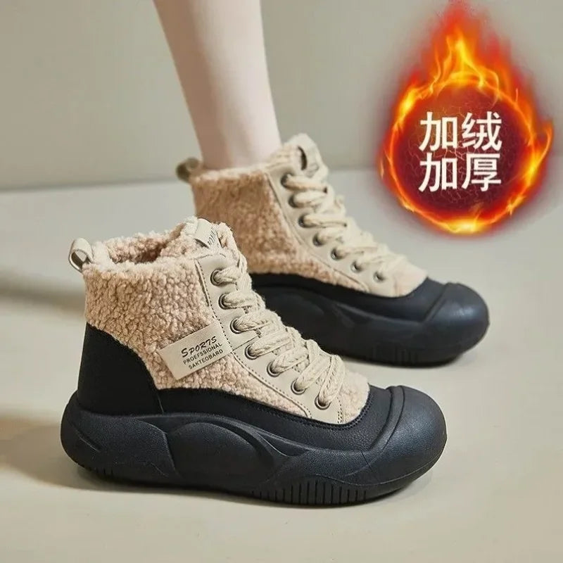 Women's Winter Ankle Boots New Casual Sports Warmed Skateboard Shoes Woman Platform Plus Plush Snow Boot Footwear Botas De Mujer YB28 beige