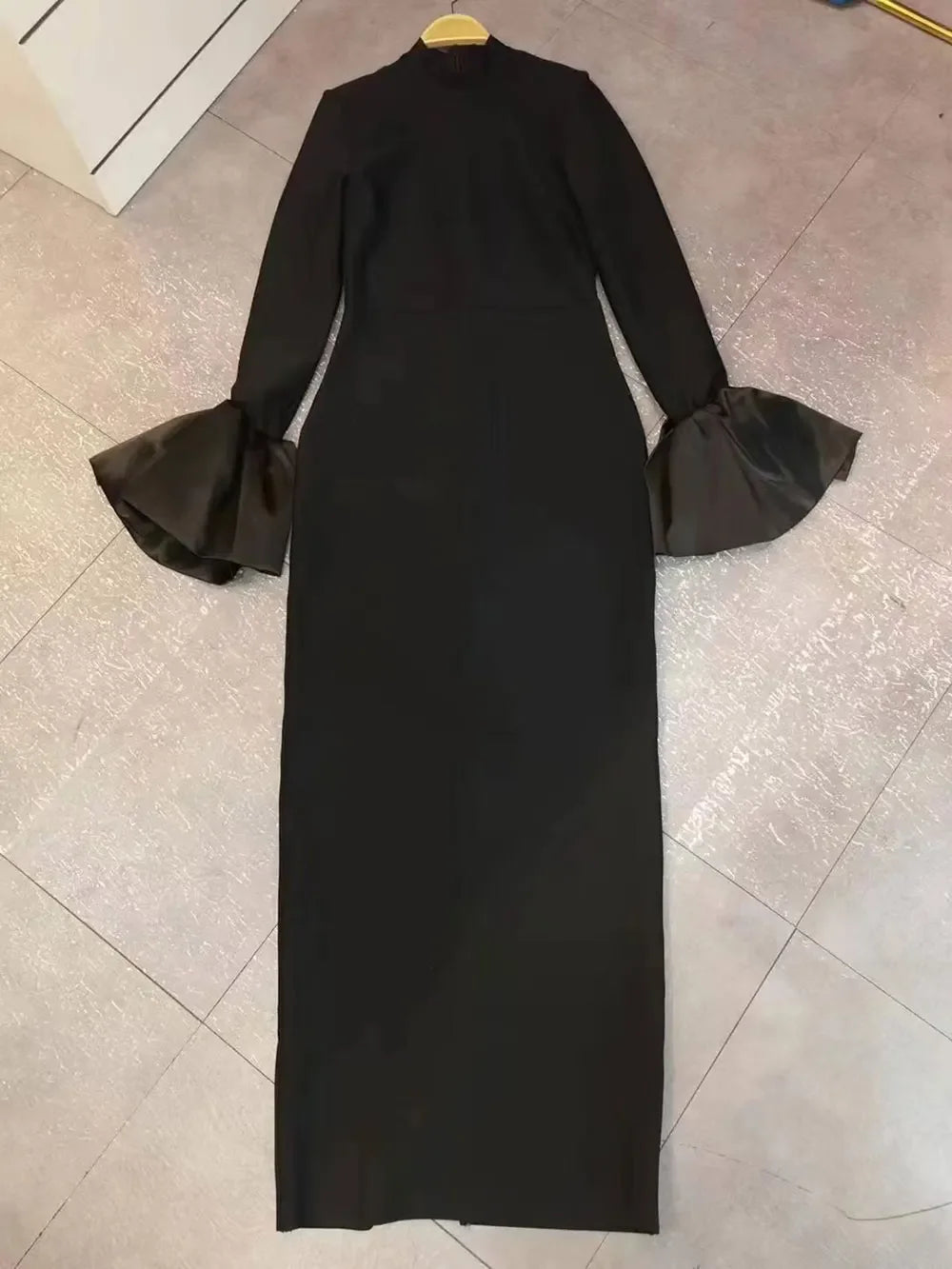 2024 Elegant Women's Black Maxi Dress Stand up Neck Flare Sleeves Bodycon Bandage Long Dresses Cocktail Evening Party Vestidos