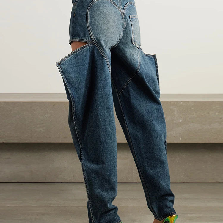 Solid Hollow Out Casual Denim Trousers For Women High Waist Patchwork Pockets Streetwear Wide Leg Jeans Female Fashion