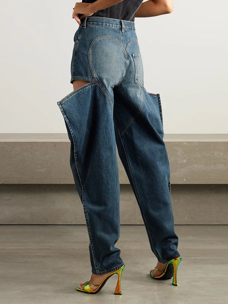 Solid Hollow Out Casual Denim Trousers For Women High Waist Patchwork Pockets Streetwear Wide Leg Jeans Female Fashion