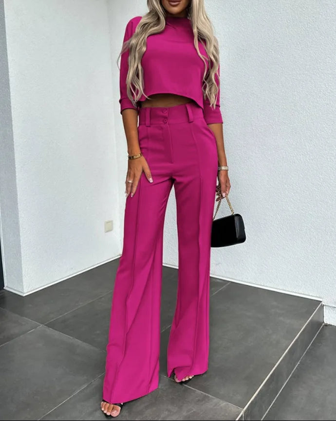 2024New Fashion Women's Elegant Small High Neck Casual Shorts Top Pocket Micro Horn Elegant Pants Set Rose Red