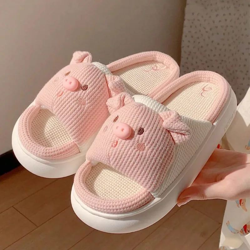 Pink 3.5cm Fashion Soft Ladies Casual Cute Piggy Pattern Design Comfortable Female Linen Home Slippers