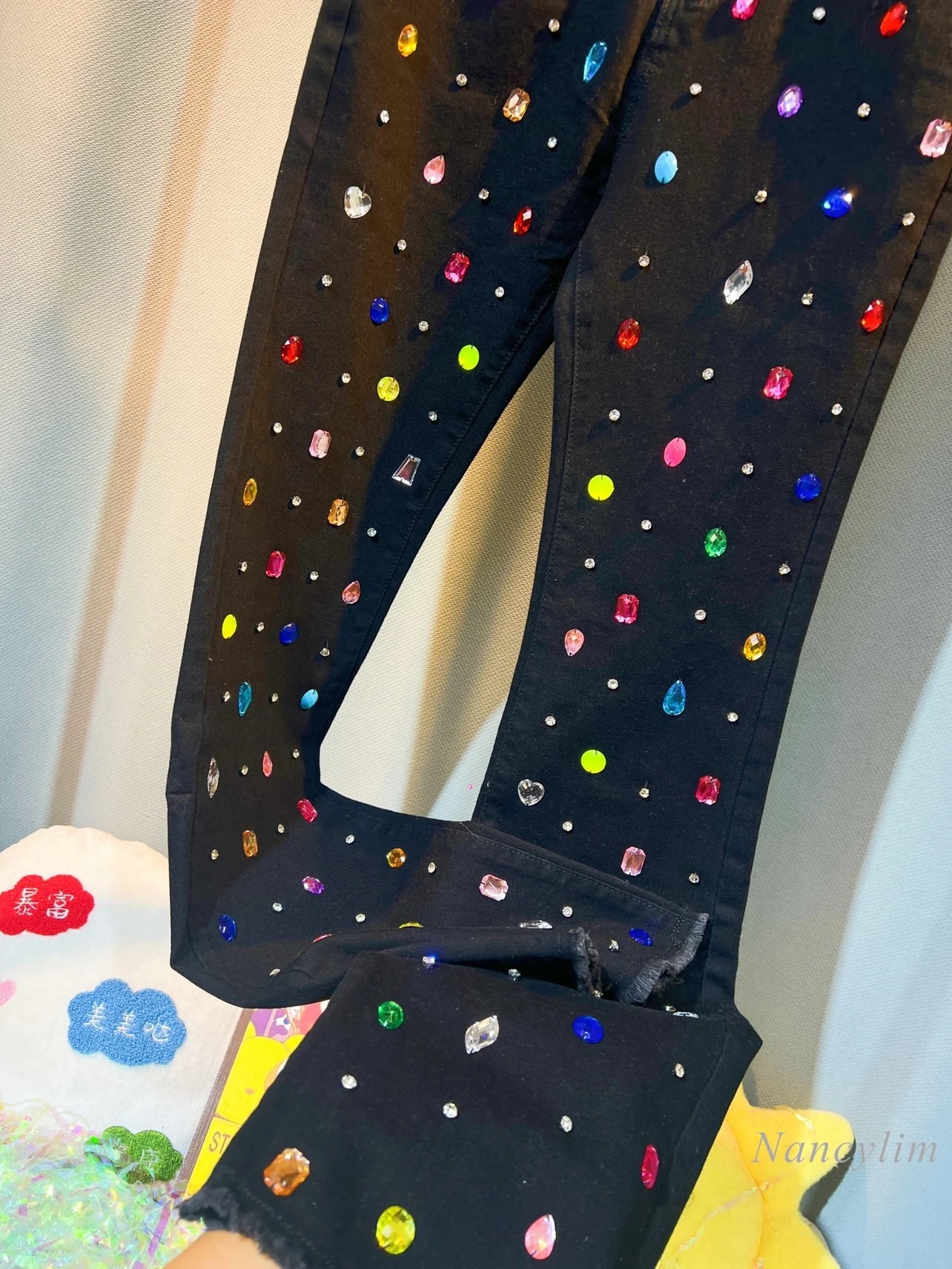 Niche Design Exquisite Rhinestone Beaded Bell-Bottom Denim Pants Women's Autumn and Winter Slimming Skinny Jeans High Waist black