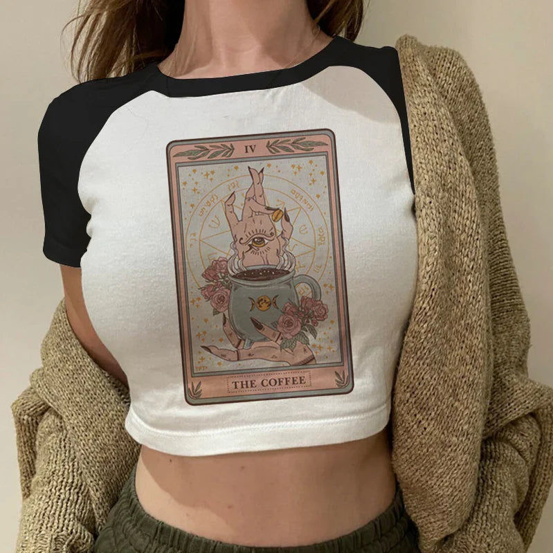Lady Fashion Women Short Sleeve Summer Harajuku Crop Top Clothes Tshirt Female Tarot Print Cute Lovely Casual Aesthetic T-Shirt R019