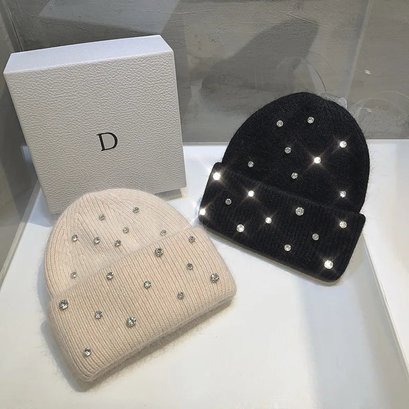 Franch Luxury Rabbit Fur Knitted Hat hinestone Beads Fashion Korean Cap Women Winter Fashion Thickened Warm Beanies
