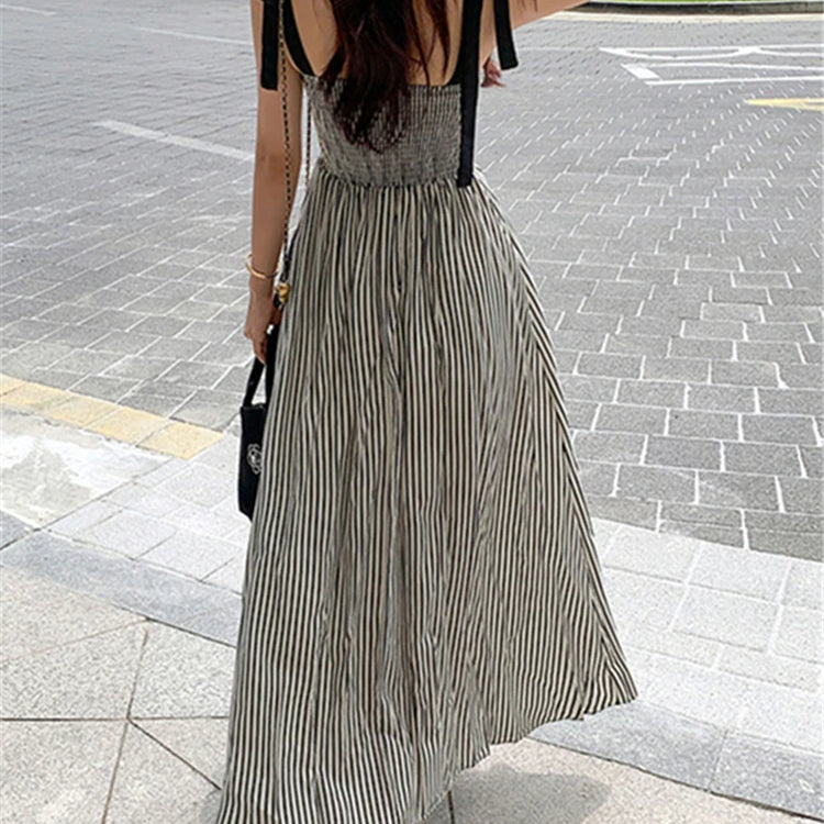 Chic Sleeveless Lace Up Striped High Waist Fashion Elegant Holiday Women's Spring Summer Long Dresses