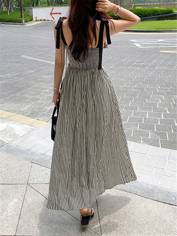 Chic Sleeveless Lace Up Striped High Waist Fashion Elegant Holiday Women's Spring Summer Long Dresses