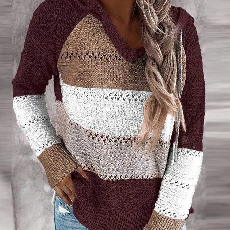 Women's Hooded Sweatshirt Women's Knitted Sweater Long Sleeve Knitted Hooded Sweater Burgundy