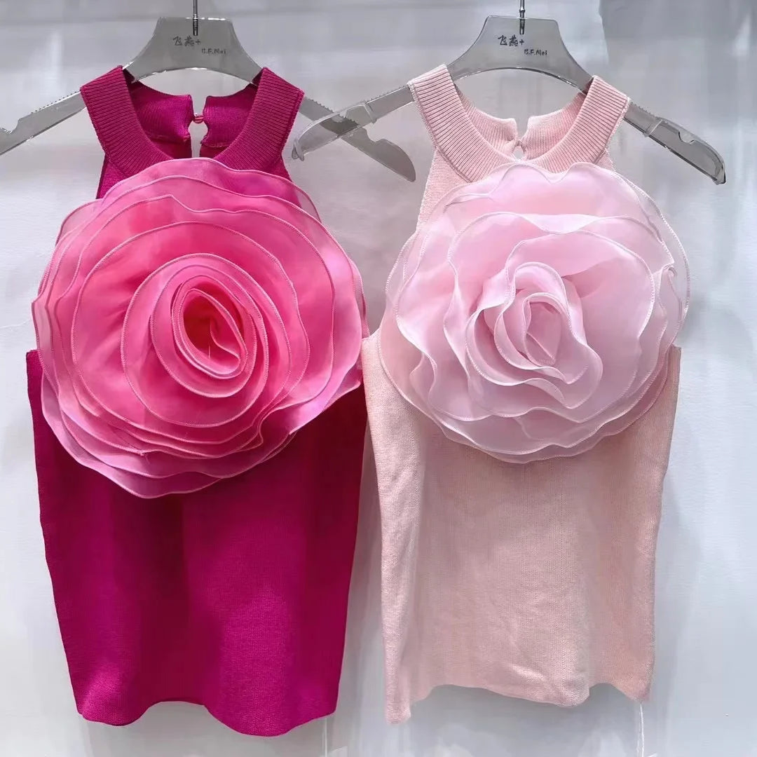 Summer New Arrival Knitwear Sexy Crop Tank Top Femme Black White 3D Flower Sexy Sleeveless Knitted Top Slim Fit Halter Vest