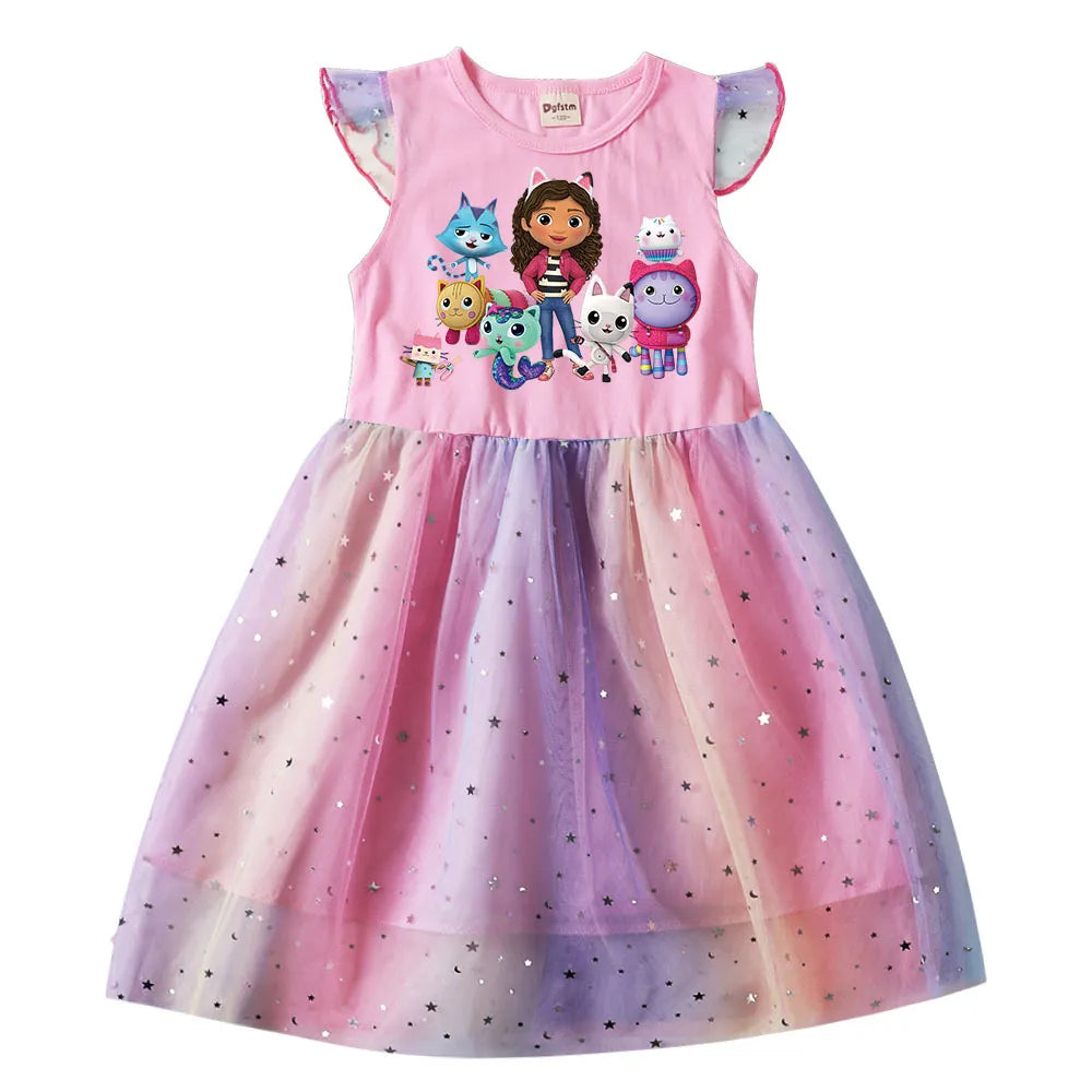 Adorable Cartoon Gabby Cats Fly Sleeve Baby Girl Dress with Bag and Headband Kids Gabby's Dollhouse Cosplay Costume pink dress