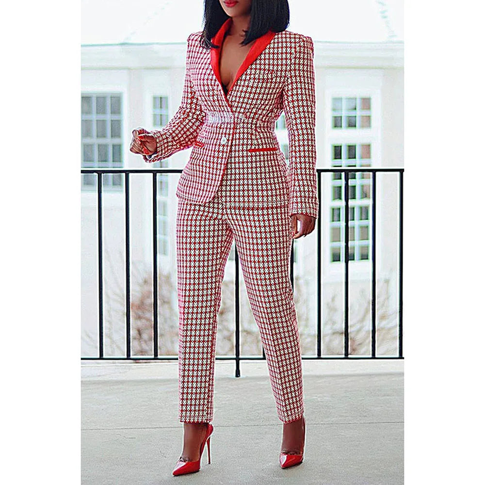 Plus Size Semi Formal Pant Set Red Plaid Lapel Collar Long Sleeve Two Piece Pant Set