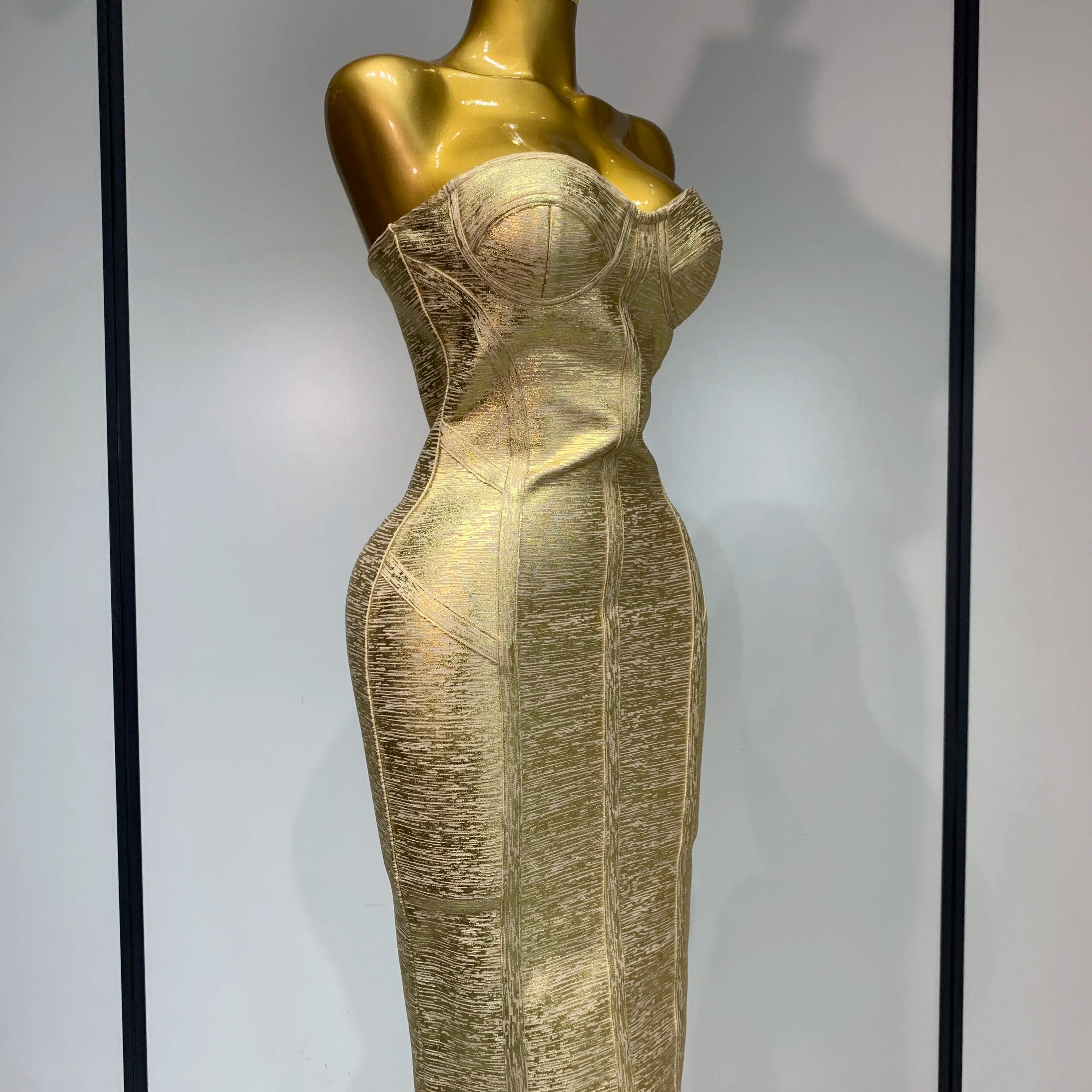 Women Sexy Gold Strapless Bodycon Bandage Dress 2025 Fashion Celebrate Evening Party Luxury Birthday Wedding Guest Dress