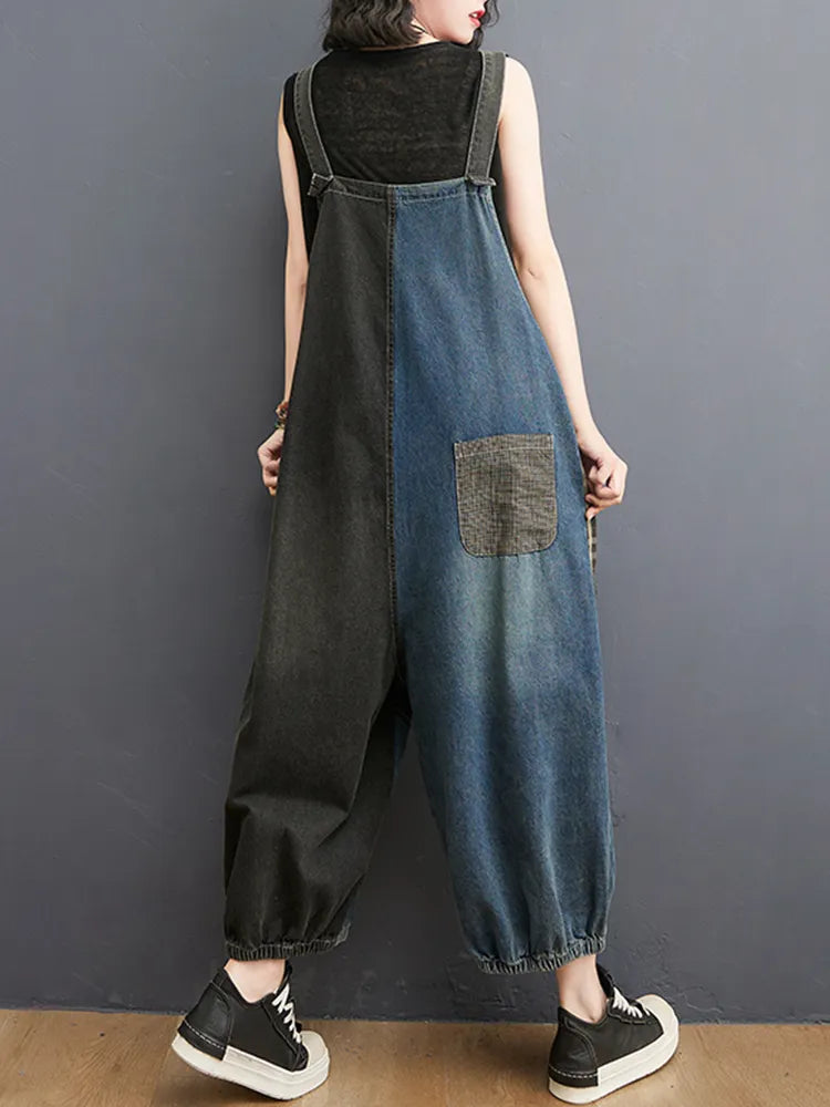 Korean Fall Jeans Women Plaid Ripped Denim Overalls Ladies Vintage Punk Loose Pants Luxury Classic Casual Trousers