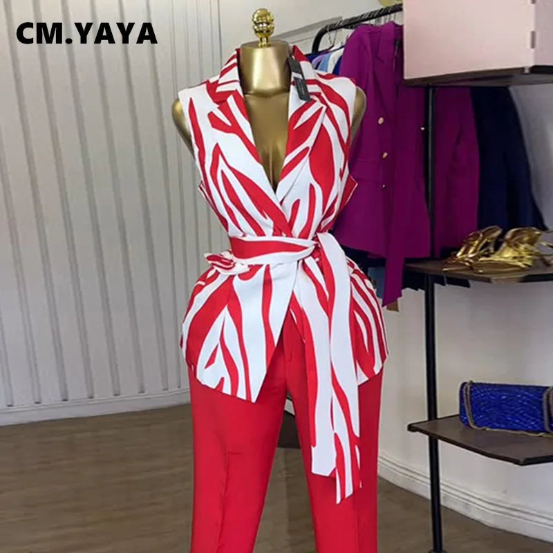 CM.YAYA Fashion Women's Set Sleeveless Notched Collar Blazer Tops and Pants Sets 2025 Summer OL Street Two 2 Piece Sets Outfits
