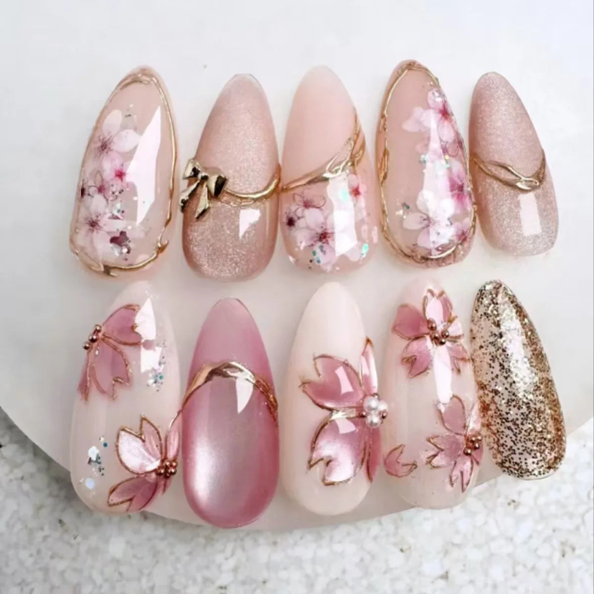 24pcs/30pcs/set Medium long 3D fake nails flowers golden foil bow rhinestones pink white summer nail tips press on false nails