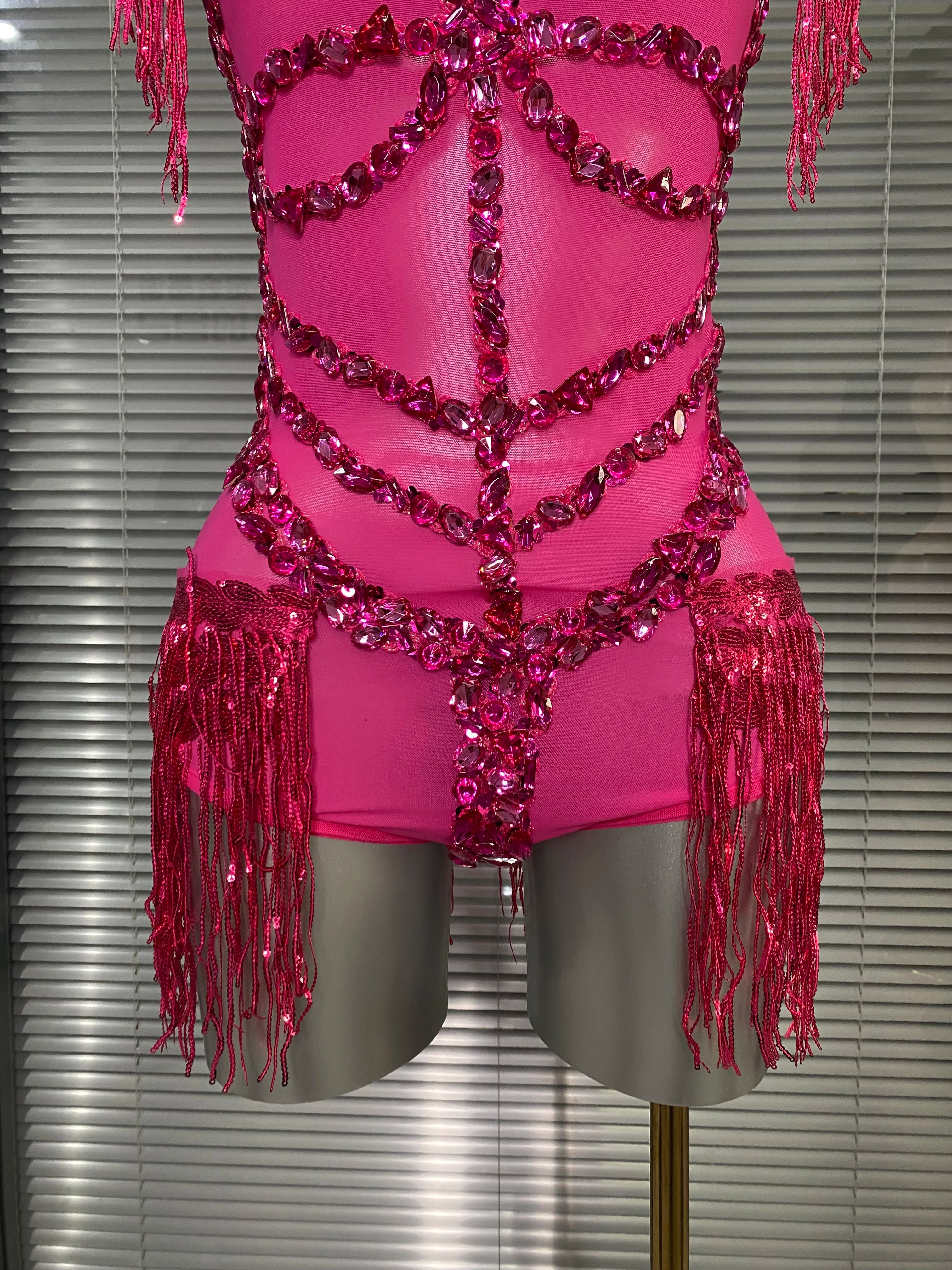 Women Sexy Tassel Crystal Diamonds Stretchy Night Club See Through Singer Dancer Stage Costume Hot Pink Party Bodysuit