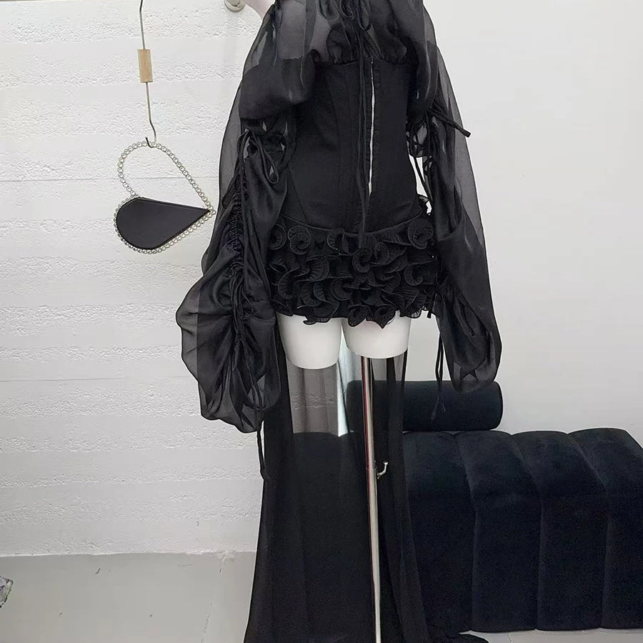 TWOTWINSTYLE Solid Slimming Spliced Lace Up Mini Dresses for Women Slash Neck Long Sleeves Patchwork Fungus Folds Dress Female