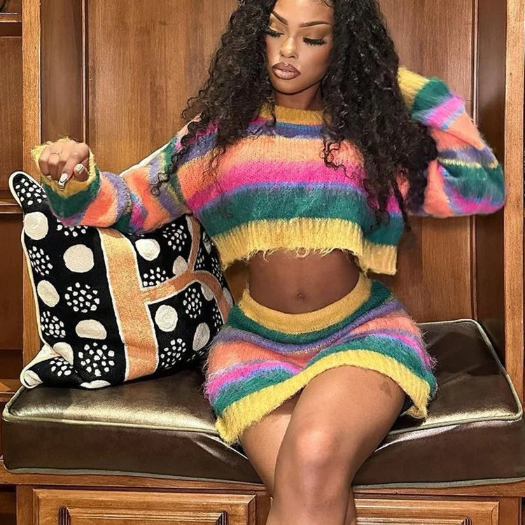 Weird Puss Fall Knit Women 2 Piece Set Tracksuit Casual Colorful Sweater Long Sleeve Crop Tops+Mini Skirts Matching Streetwear